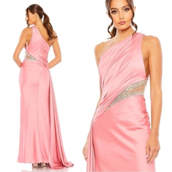 Mac Duggal Coral Pink One Shoulder Embellished Satin Gown Dress 2210 Size 4 NEW - Picture 2 of 9